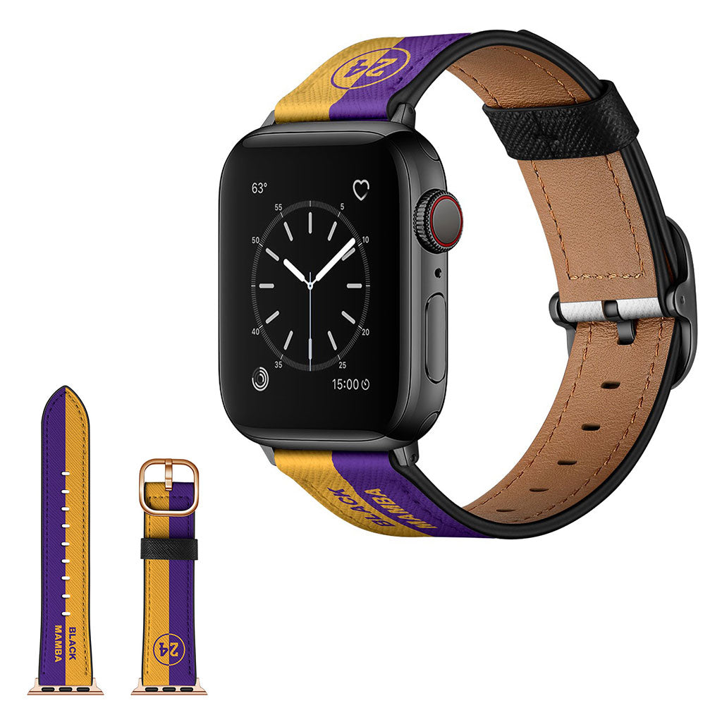 Apple Watch Series 6 / 5 44mm stijlvolle lederen horlogeband - Geel + Paars Gestreept