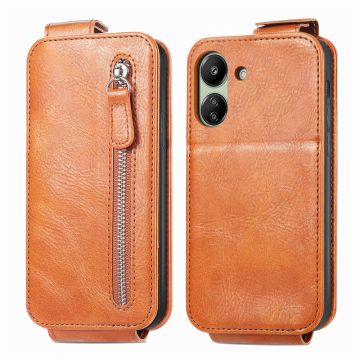 Verticale flip-telefoonhoes met rits voor Xiaomi Redmi 13C / Xiaomi Poco C65 - Bruin