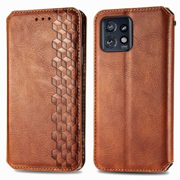 Lederen etui met een stijlvolle ruitvormige opdruk voor Motorola Edge 40 Pro / Motorola Moto X40 - Bruin