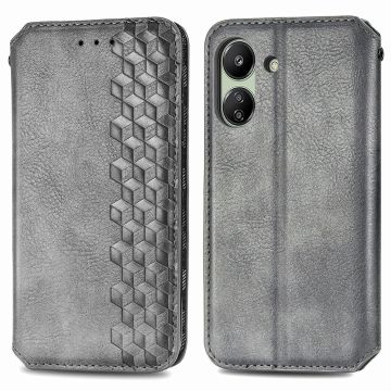 Lederen etui met een stijlvolle ruitvormige opdruk voor Xiaomi Redmi 13C / Xiaomi Poco C65 - Grijs