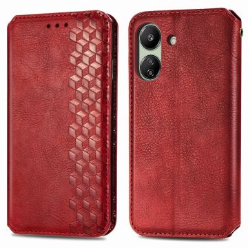 Lederen etui met een stijlvolle ruitvormige opdruk voor Xiaomi Redmi 13C / Xiaomi Poco C65 - Rood
