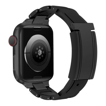 Apple Watch Series 49mm - 45mm - 44mm - 42mm Roestvrij Staal+Rubber Koord - Zwart / Zwarte Gesp