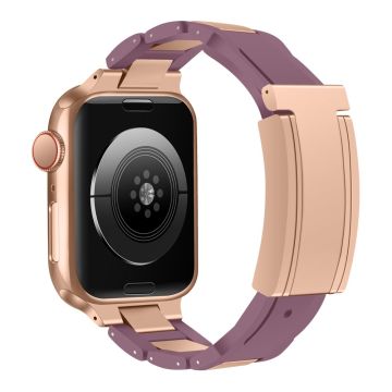 Apple Watch Series 49mm - 45mm - 44mm - 42mm Roestvrij Staal+Rubber Koord - Purper / Roségouden Gesp