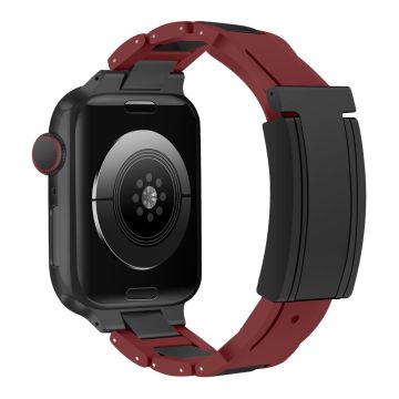 Apple Watch Series 49mm - 45mm - 44mm - 42mm Roestvrij Staal+Rubber Koord - Wijnrood / Zwarte Gesp