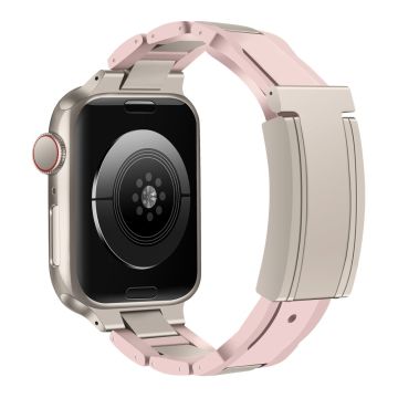 Apple Watch Series 49mm - 45mm - 44mm - 42mm Roestvrij Staal+Rubber Koord - Roze / Roze