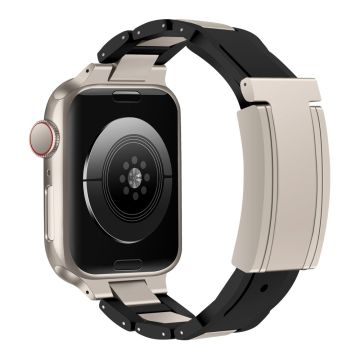 Apple Watch Series 49mm - 45mm - 44mm - 42mm Roestvrij Staal+Rubber Koord - Zwart / Zwart