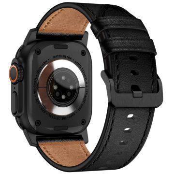 KALEBOL Apple Watch Series 49mm - 45mm - 44mm - 42mm Cowhide Lederen Band - Zwart + Zwart