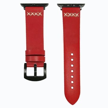 KALEBOL Apple Watch Series 49mm - 45mm - 44mm - 42mm Cross-Stitch Lederen Bandje - Rood