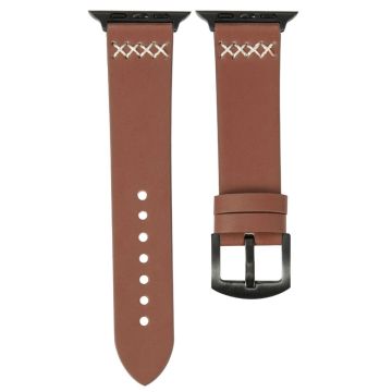 KALEBOL Apple Watch Series 49mm - 45mm - 44mm - 42mm Cross-Stitch Lederen Bandje - Bruin