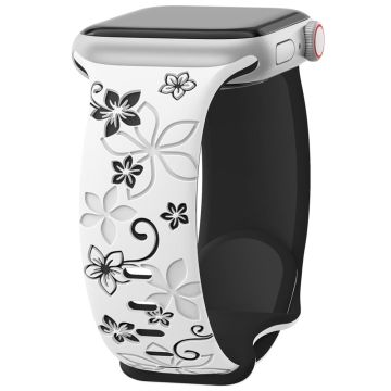Apple Watch Series 49mm - 45mm - 44mm - 42mm Siliconen Bloemenband - Wit / Zwart
