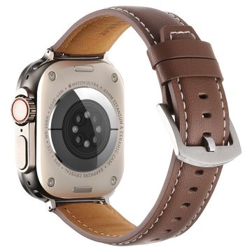 Bandje Apple Watch Series 49mm - 45mm - 44mm - 42mm Echt Koeienleer Bandje - Donker Bruin