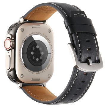 Bandje Apple Watch Series 49mm - 45mm - 44mm - 42mm Echt Koeienleer Bandje - Zwart