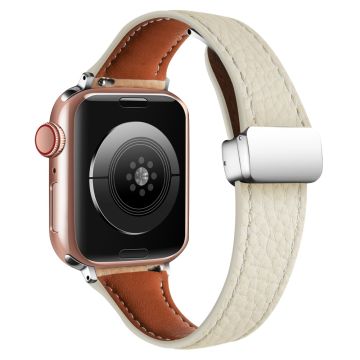 Leather Watch Band Apple Watch Series 10 46mm Litchi Texture Strap with Folding Buckle - Beige