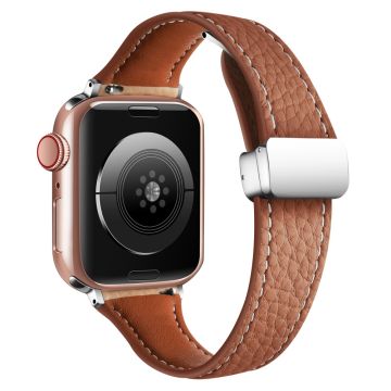 Leather Watch Band Apple Watch Series 10 46mm Litchi Texture Strap with Folding Buckle - Brown