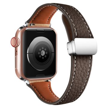 Leather Watch Band Apple Watch Series 10 46mm Litchi Texture Strap with Folding Buckle - Coffee