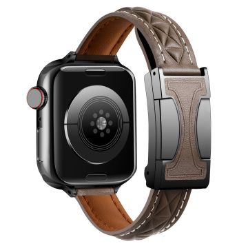 Genuine Leather Watch Band Apple Watch Series 10 46mm Strap with Magnetic Double C Buckle - Dark Coffee