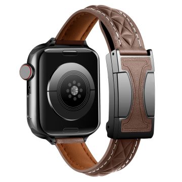 Genuine Leather Watch Band Apple Watch Series 10 46mm Strap with Magnetic Double C Buckle - Tan