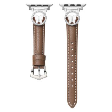 Leather Strap Apple Watch Series 10 46mm Rhinestone Butterfly Band - Coffee+Silver Buckle