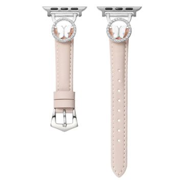 Leather Strap Apple Watch Series 10 46mm Rhinestone Butterfly Band - Beige+Silver Buckle