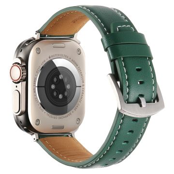 KALEBOL Genuine Cow Leather Watch Strap Apple Watch Series 10 46mm Flat Texture Band - Green