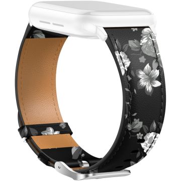 Leather Band Apple Watch Series 10 46mm Pointed Tail Strap Silver Buckle - Black  /  Grey Flowers