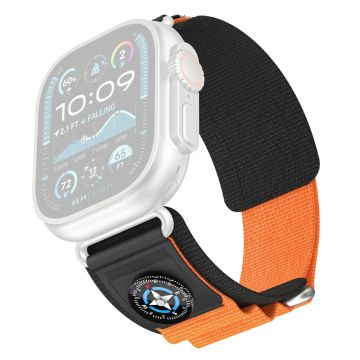 KALEBOL Nylon Watch Strap Apple Watch Series 10 46mm Wrist Band with Compass - Black+Orange