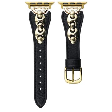 Watch Strap Apple Watch Series 10 46mm D-Shaped Metal Ring Leather Band - Black  /  Gold