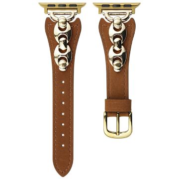 Watch Strap Apple Watch Series 10 46mm D-Shaped Metal Ring Leather Band - Brown  /  Gold
