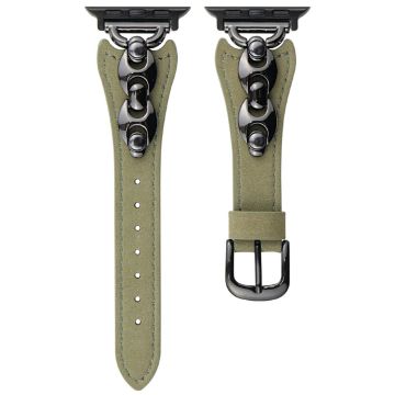Watch Strap Apple Watch Series 10 46mm D-Shaped Metal Ring Leather Band - Green  /  Black