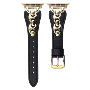 Wrist Strap Apple Watch Series 49mm - 45mm - 44mm - 42mm D Buckle Genuine Cow Leather Band - Black / Gold Buckle