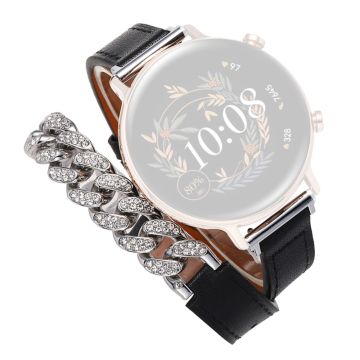 22mm Universele Slimme Horlogeband Bling Strass Echt Koeienleer en Ketting Vervanging - Zwart