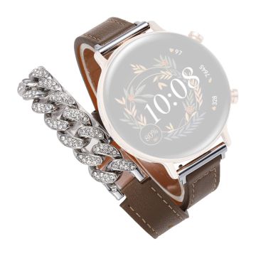 22mm Universele Slimme Horlogeband Bling Strass Echt Koeienleer en Ketting Vervanging - Donkerbruin