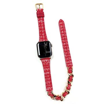 Apple Watch 49mm / 45mm / 44mm / 42mm Horlogebandje Lederen Bandje - Rood+Gouden Ketting