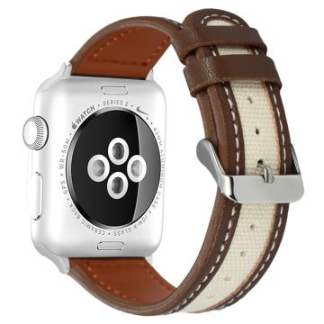 Apple Watch 49mm / 45mm / 44mm / 42mm Horlogebandje van koeienleer en stof - Donkerbruin / Wit