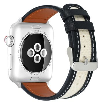 Apple Watch 49mm / 45mm / 44mm / 42mm Koeie lederen en stoffen horlogebandje - Zwart / Wit