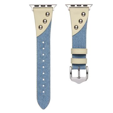 Apple Watch 49mm / 45mm / 44mm / 42mm Splicing Retro Horlogeband - Lichtblauw+Beige