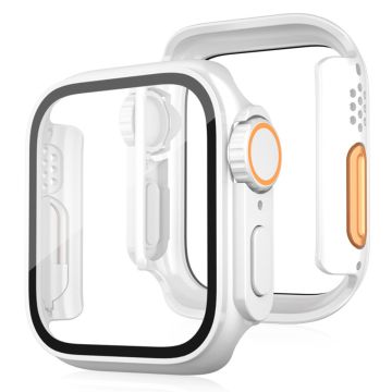 Bump Resistant Watch Case Apple Watch Series 9 8 7 45mm Watch Cover with Tempered Glass Film - White