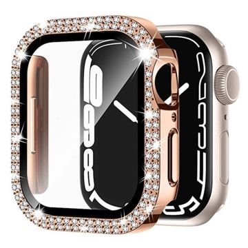 Apple Watch Series 9 8 7 45 mm horlogekastje met strass-elektrolytisch horlogedeksel en beschermfolie van gehard glas - Roségoud