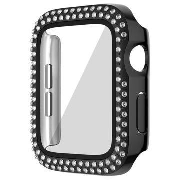 Apple Watch Series 9 8 7 45 mm horlogekastje met strass-elektrolytisch horlogehuisje en beschermfolie van gehard glas - Zwart