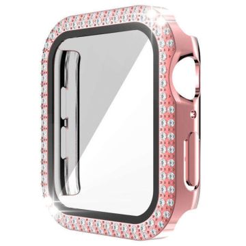 Apple Watch Series 9 8 7 45 mm horlogekastje met strass-elektrolytisch horlogedeksel en beschermfolie van gehard glas - Roze