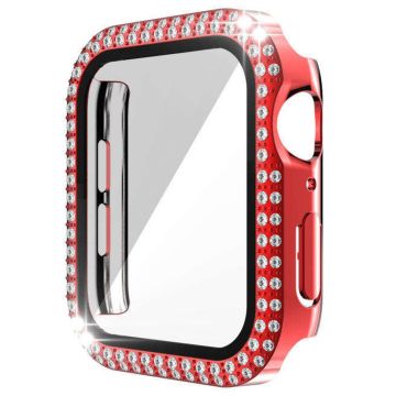 Apple Watch Series 9 8 7 45 mm horlogekastje met strass-elektrolytisch horlogedeksel en beschermfolie van gehard glas - Rood