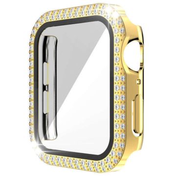 Apple Watch Series 9 8 7 45 mm horlogekastje met strass-elektrolytisch horlogedeksel met beschermfolie van gehard glas - Goud