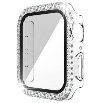 Apple Watch Series 9 8 7 45 mm horlogekastje met strass-elektrolytisch horlogedeksel met beschermfolie van gehard glas - Transparant