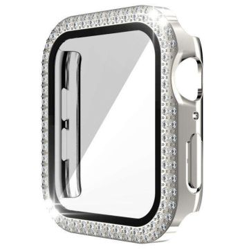 Apple Watch Series 9 8 7 45 mm horlogekastje met strass-elektrolytisch horlogedeksel met beschermfolie van gehard glas - Zilver