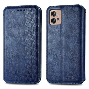 Lederen Hoes met A Stijlvol Rhombus Opdruk voor Motorola Moto G32 - Blauw