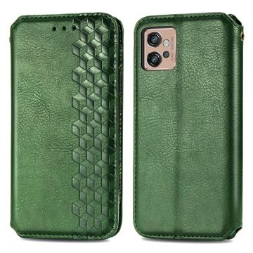 Lederen Hoes met A Stijlvol Rhombus Opdruk voor Motorola Moto G32 - Groen