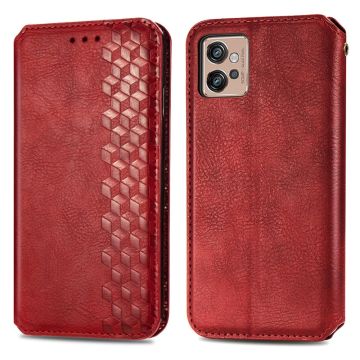 Lederen Hoes met A Stijlvol Rhombus Opdruk voor Motorola Moto G32 - Rood