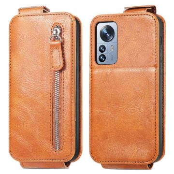 Verticale flip-telefoonhoes met rits voor Xiaomi 12S Pro / Xiaomi 12 Pro - Bruin
