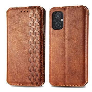 Lederen Hoes met A Stijlvol Rhombus Opdruk voor Xiaomi Poco M5 - Bruin