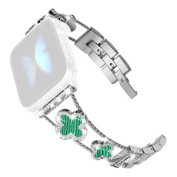 Apple Watch Series 8 (45 mm) / Watch Ultra strass met klavertjesdecor metalen bandje - Zilver / Groen